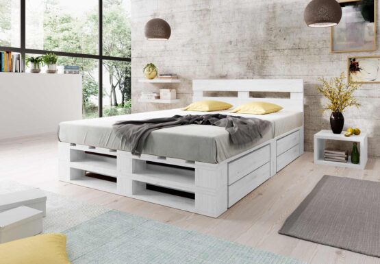 Łóżko z palet M2 z zagłówkiem i szufladami malowane