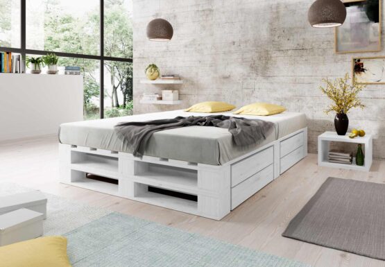 Łóżko z palet M2 z szufladami bez zagłówka malowane