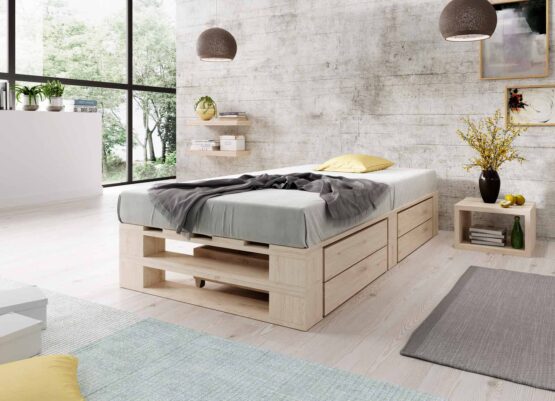 Łóżko z palet M2 z szufladami bez zagłówka naturalne