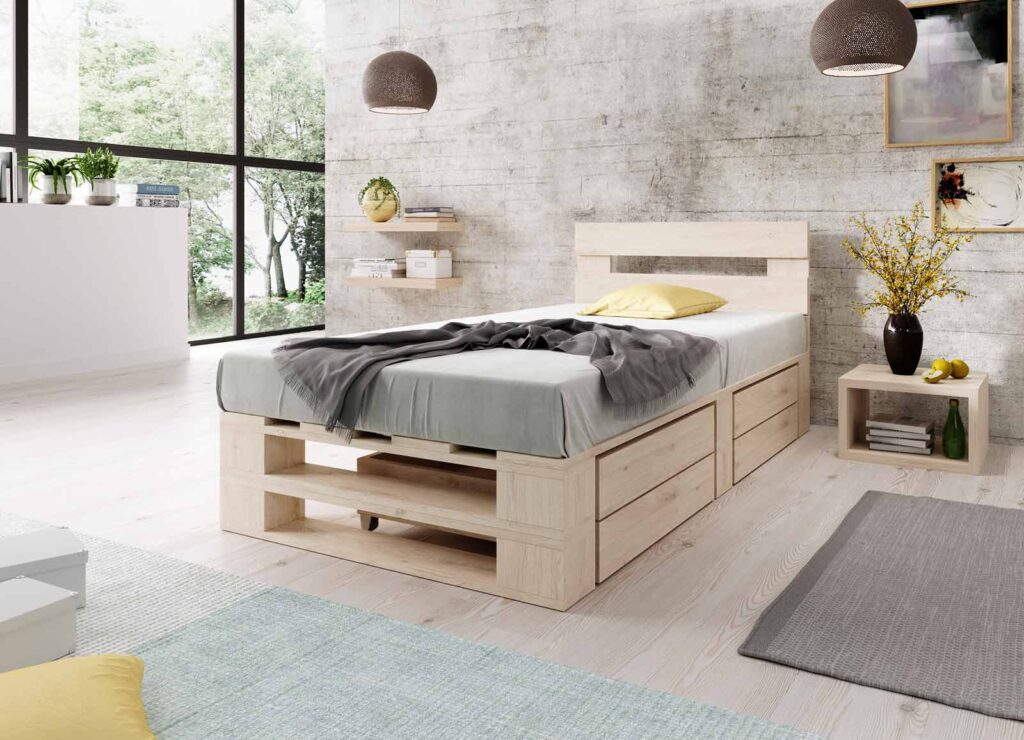 Łóżko z palet M2 z zagłówkiem i szufladami naturalne