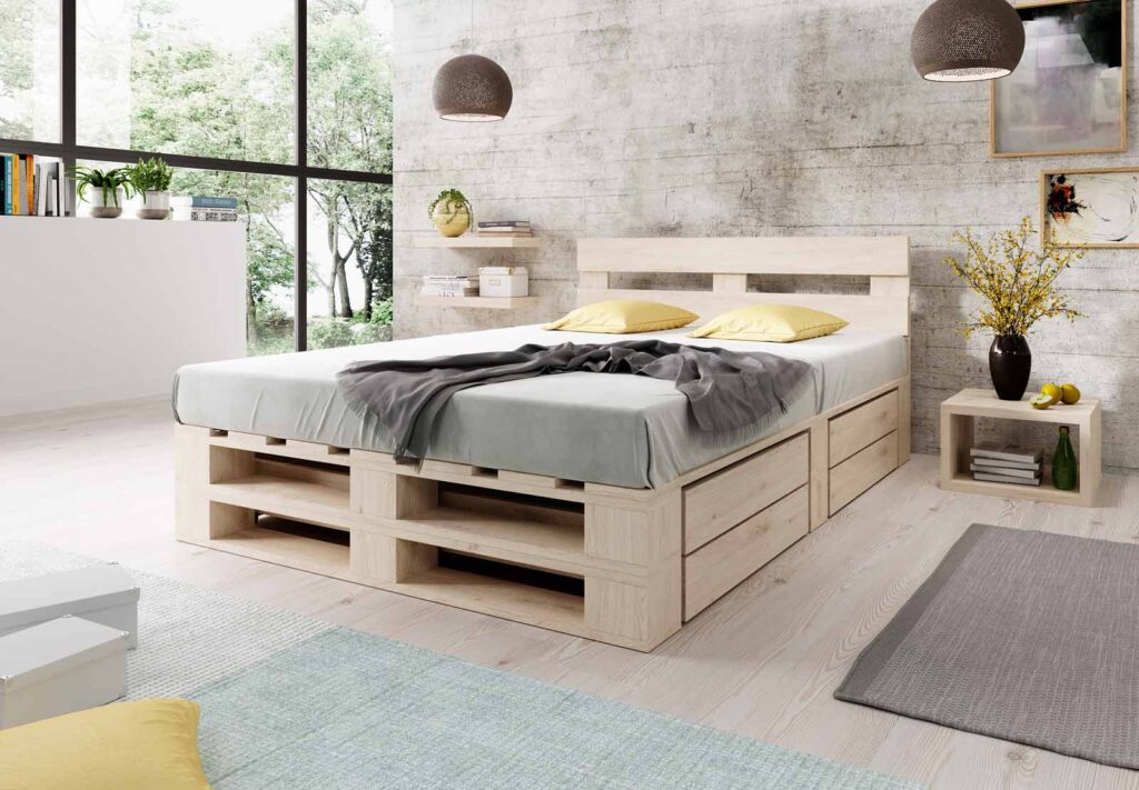 Łóżko z palet M2 z zagłówkiem i szufladami naturalne